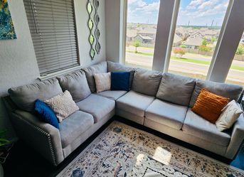 Gray Fabric Sectional Sofa with Nailhead Trim