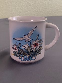 Vintage Utah Souvenir Coffee Mug - State Bird Seagull & Sego Lily - Made in Korea 1970s/1980s