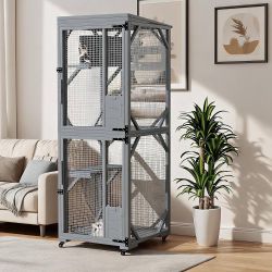Mobile Catio Cat Enclosure on Wheels, 2-Story Wooden Cat House for Indoor Outdoor Use, Weatherproof Cats Cage with Resting Box, Multiple Doors & Galva