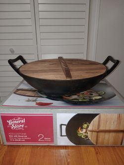 New 14-inch Cast Iron Wok with Wooden Lid - General Store