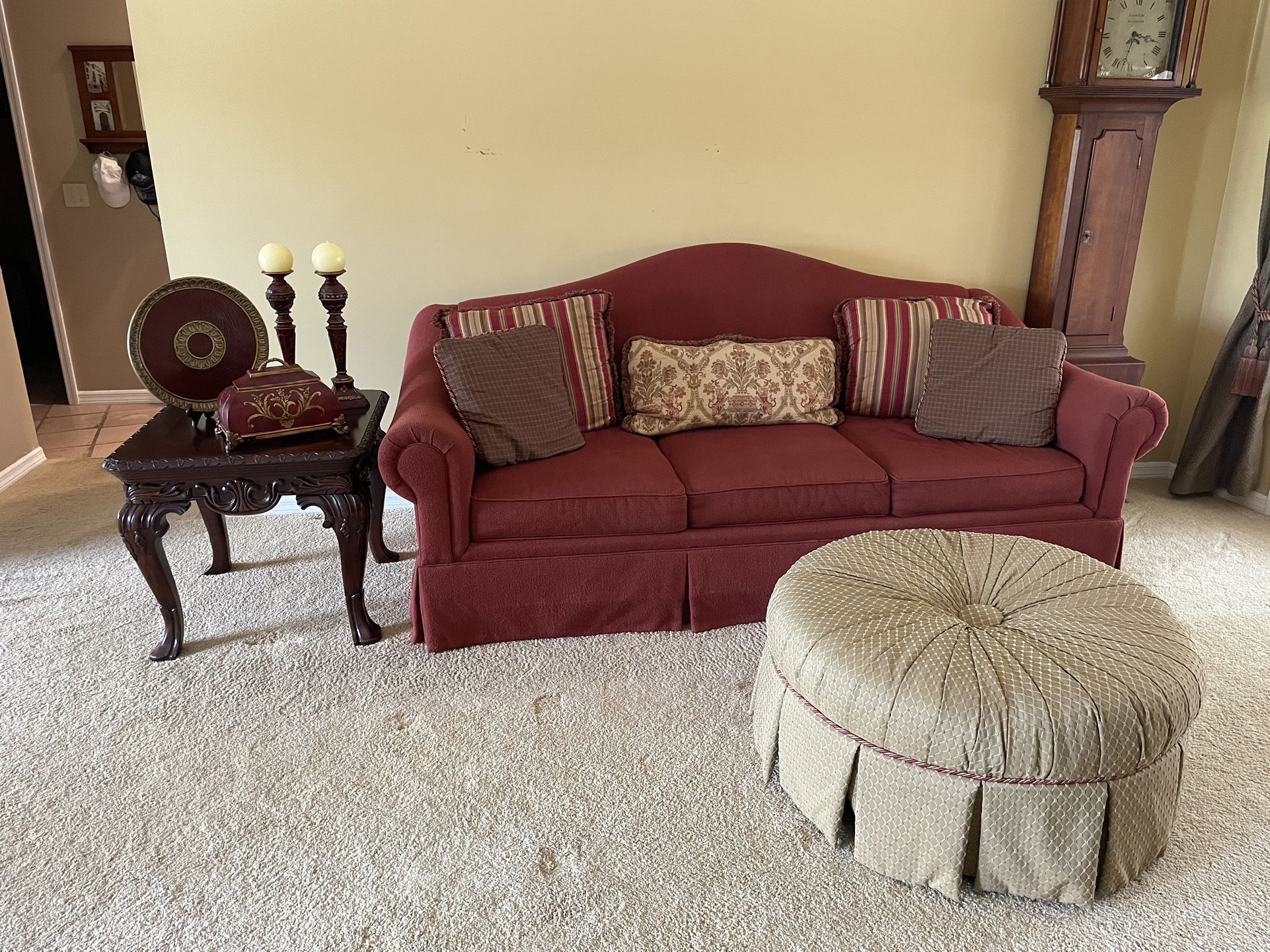 Sofa with pillows, End Table, Ottoman and Decor. Couch
