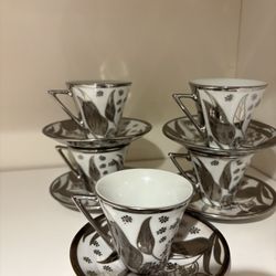 “Vintage porcelain espresso/tea cups with silver trim, mid-century floral design