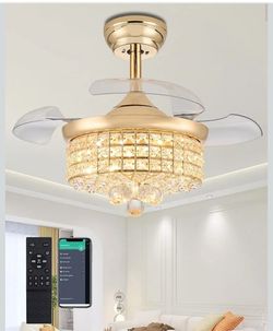 Crystal Ceiling Fan 30 Inch Gold Fandelier Dimmable Light Retractable Blades Remote
