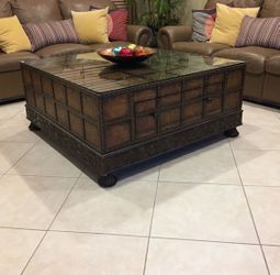 Genuine Wood Cocktail Table With Custom Glass Top And Two Drawers