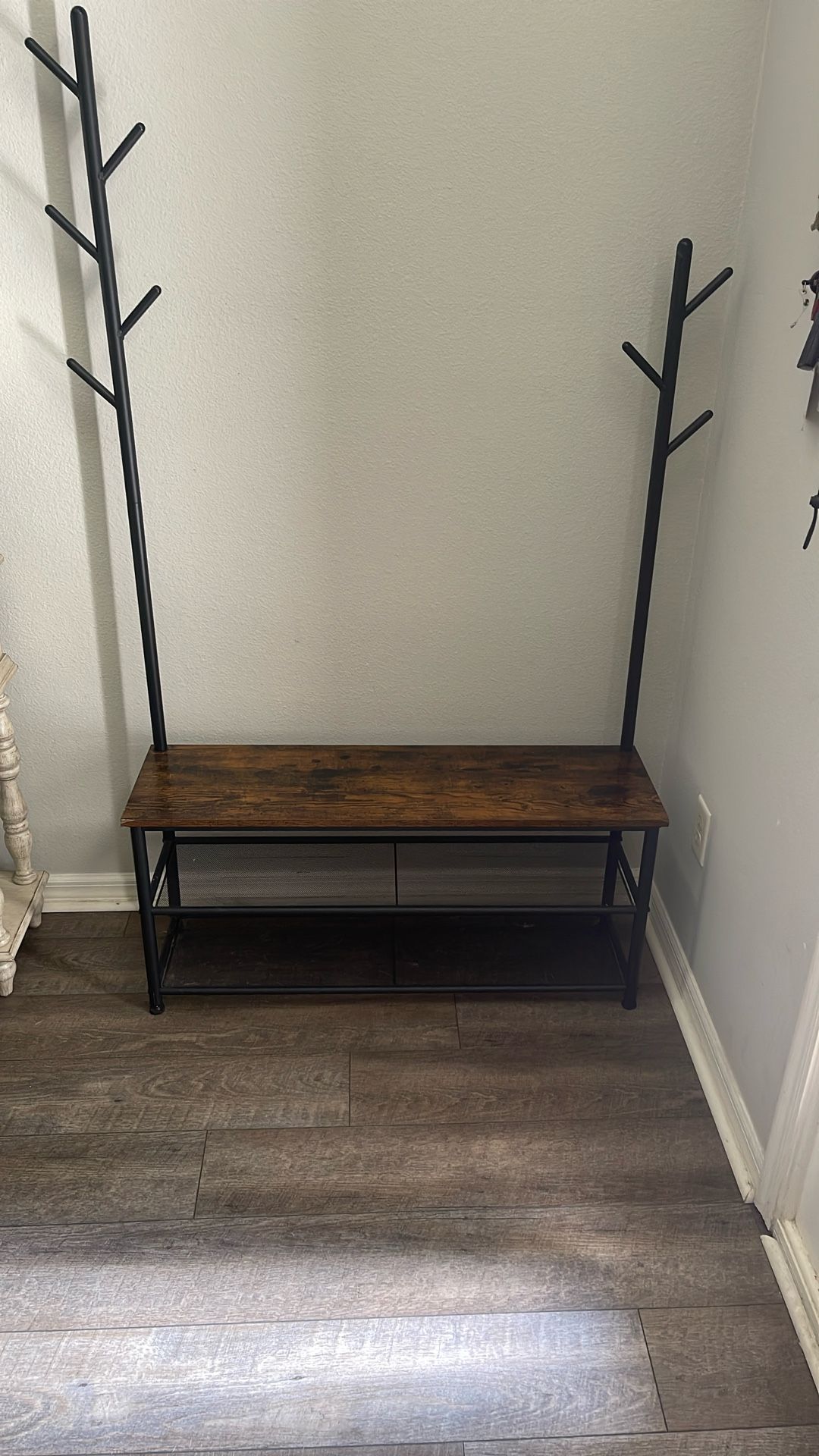 Entryway Bench, Coat Stand with Storage, Wood Seat and Mesh Shelves