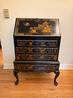 Vintage Maddox Colonial Chinoiserie Secretary Desk - Black Lacquer - w/Original Key