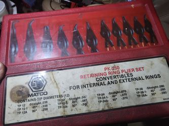 Matco PK250 retaining ring pliers set convertibles for internal and external rings. Set is missing 1