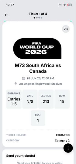 South Africa vs Canada  World Cup Round of 32 - Match 73 Sun June 28