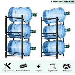 Water Cooler Jug Rack 5 Gallon Water Bottle Holder Storage Shelf 3 Tier Heavy Duty Stackable Water Cabinet Dispenser Organizer for Home Office, Black