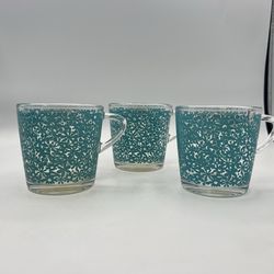 3 IKEA GODTA Glass Mug/Cup Blue Daisy Flower Pattern Clear Handle