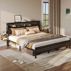 King Size Metal Platform Bed Frame with Storage Headboard Charging Station & 2 Nightstands LED Lights, Black