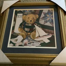 New Bear And Sailboat Framed Wall art 18” X 18” 