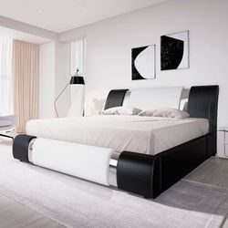Queen Bed Frame with Iron Piece Decor, Faux Leather Upholstered Platform Bed with Adjustable Headboard & Strong Wooden Slats, No Box Spring Needed, Bl