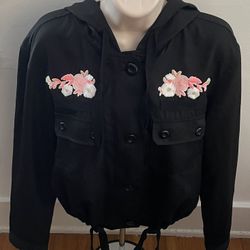 I Joah Women’s Black Hooded Embroidered Floral Jacket, size M