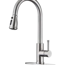 Kitchen Sink Faucet Brushed Nickel with Pull Down Sprayer Stainless Steel Single Handle Modern Kitchen Faucet with Deck Plate for Single Hole & 3 Hole