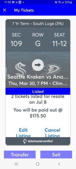 Seattle KRAKEN 2 Tickets Section 109 Row G Devils, Stars, Ducks, Etc  s Thumbnail