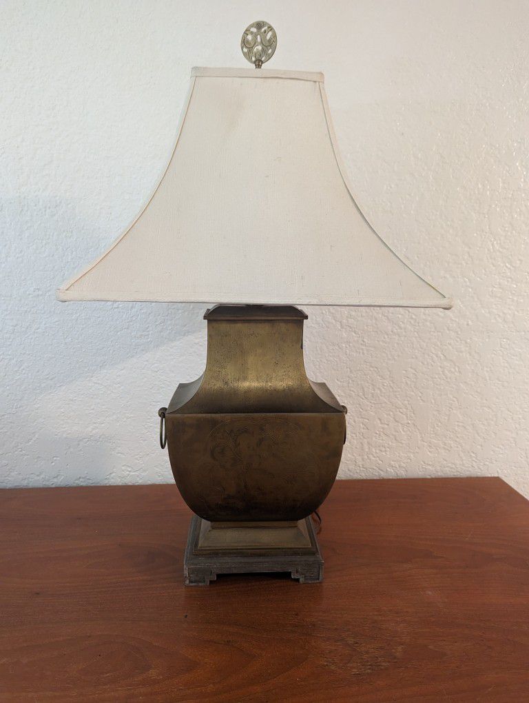 Antique Brass Chinese Vessel Style Table Lamp And Shade