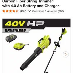 RYOBI 40V HP Brushless 600 CFM 155 MPH Cordless Leaf Blower and Carbon Fiber String Trimmer with 4.0 Ah Battery and Charger 