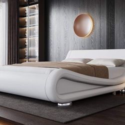 King Size Bed Frame with Ergonomic & Adjustable Headboard, Low Profile Modern Upholstered Platform Sleigh Design H-2