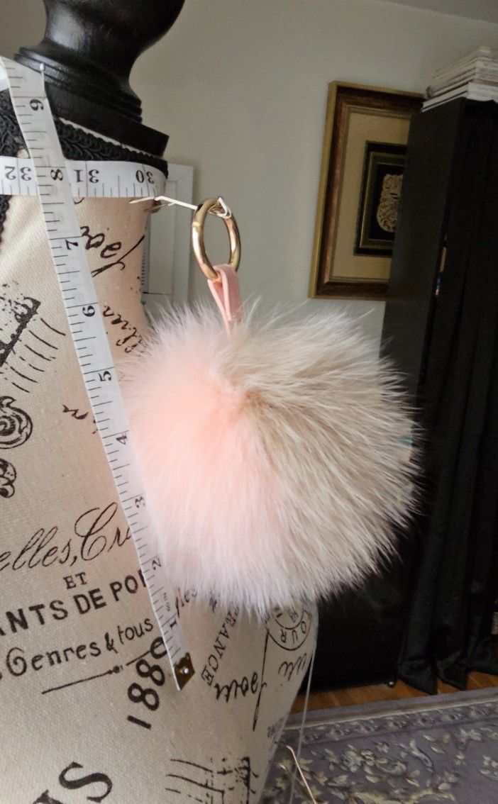 6" Genuine Fur 2 Color Pom Pom 7.5" Long Keychain + Real Fur Freebie