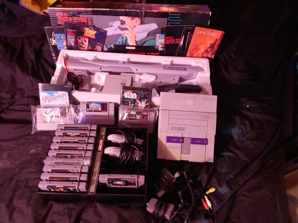 complete snes system with super scope gun, 13 games with manuals