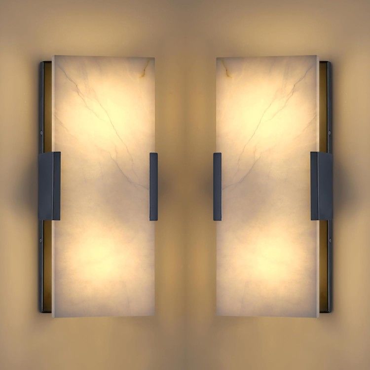 Doraimi Lighting 2 Pack 2 Light 12" Natural Square Alabaster Marble Bathroom Wall Sconce Modern Concise Style Wall Light Fixture,Black Finish for Bedr