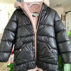 Michael Kors Girls Hooded Pink Faux Fur Lined Black Puffer Coat Size 14