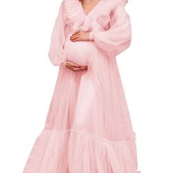 Tulle Ruffles Maternity Dress for Photoshoot Puffy Long Sleeve V Neck Baby Shower Lingerie Pregnancy Robe