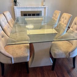 Glass Dining Table & 6 Tufted Chairs- If Posted, Still Available ,Need Gone