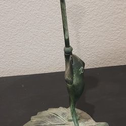 Washed Green Metal Frog on Lily Pad 11.75" Candlestick Holder