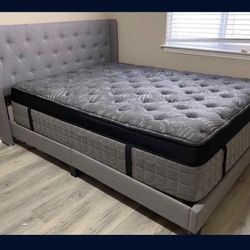 New King Bed Frame + Name Brand Pillow Top Mattress
