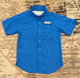 Columbia PFG Omni-Shade Boys Blue Fishing Shirt Short Sleeve Button-Up XS 6/7