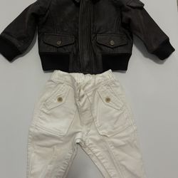 Banana Republic Baby Leather Bomber Jacket & White Pants Set - 0-12M