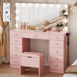 Pink vanity 46” with 11 drawers & storage stool