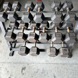 RUBBER HEX DUMBBELLS WITH RACK 