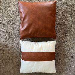 Set of 2 Decorative Pillows – Faux Leather + White w/ Leather Accent
