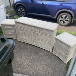 Wicker Dresser With End Tables