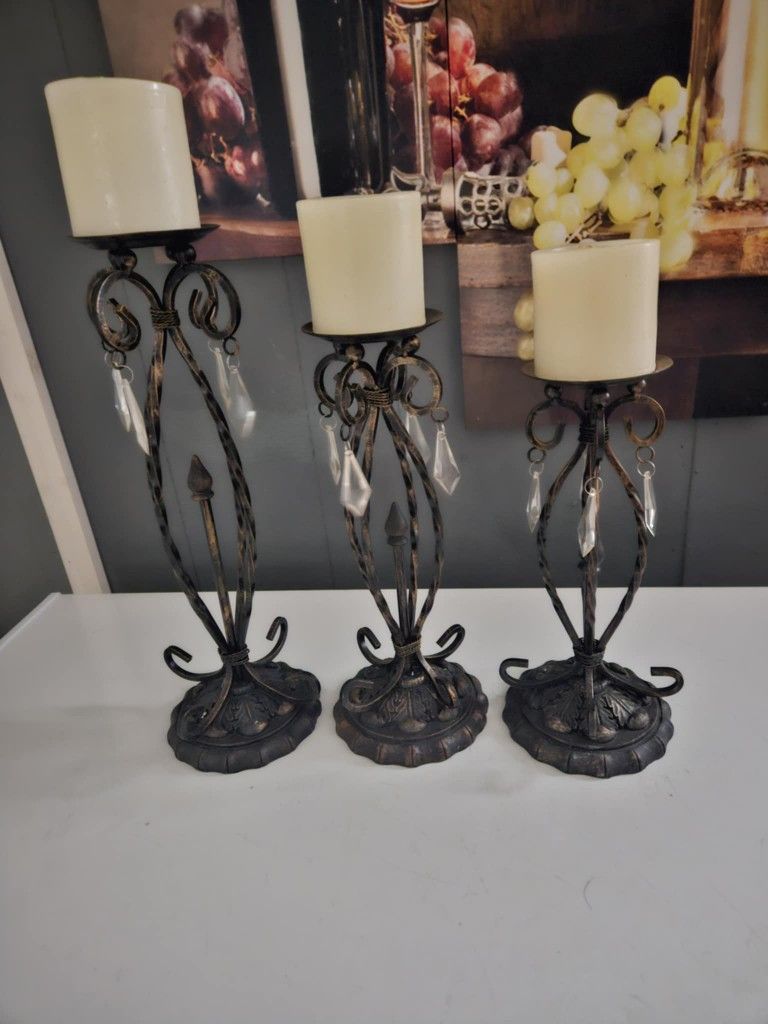 Vintage Wrought Iron Pillar Candle Holders with Candles
