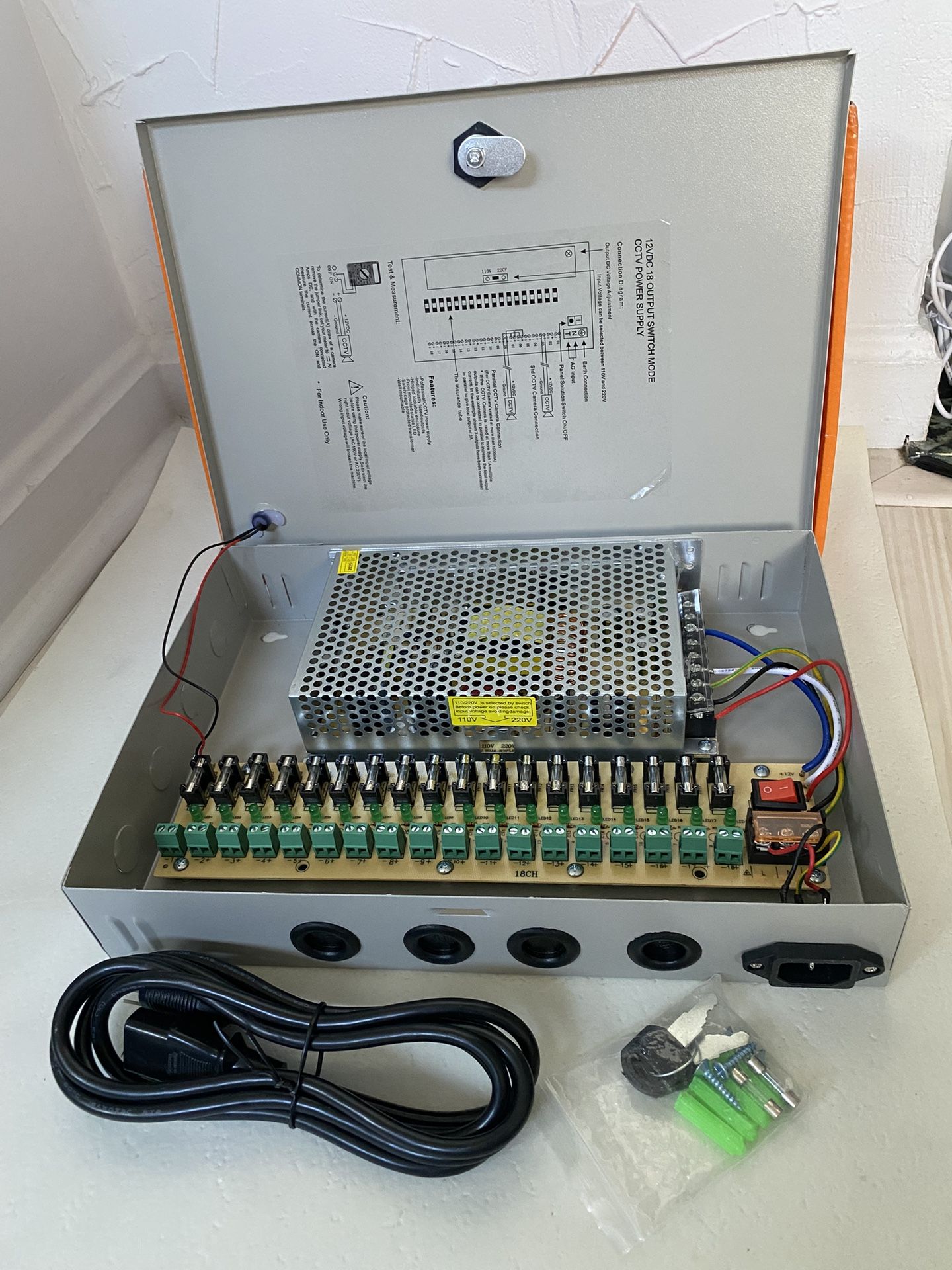 DC 12V 20 Amp 18 Channel/Port Power Supply Box Distribution for Security Cameras, IP CCTV DVR Surveillance System