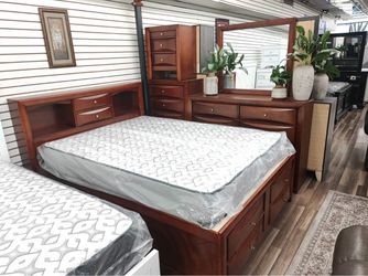 Cherry Wood Captain Bed with Storage and Dresser Set