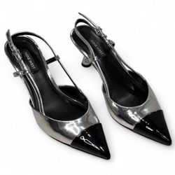 Nine West Pointed Toe Metallic Chrome Adjustable Strapped Fabele3 Kitten Heel Slingback Pumps Silver Black