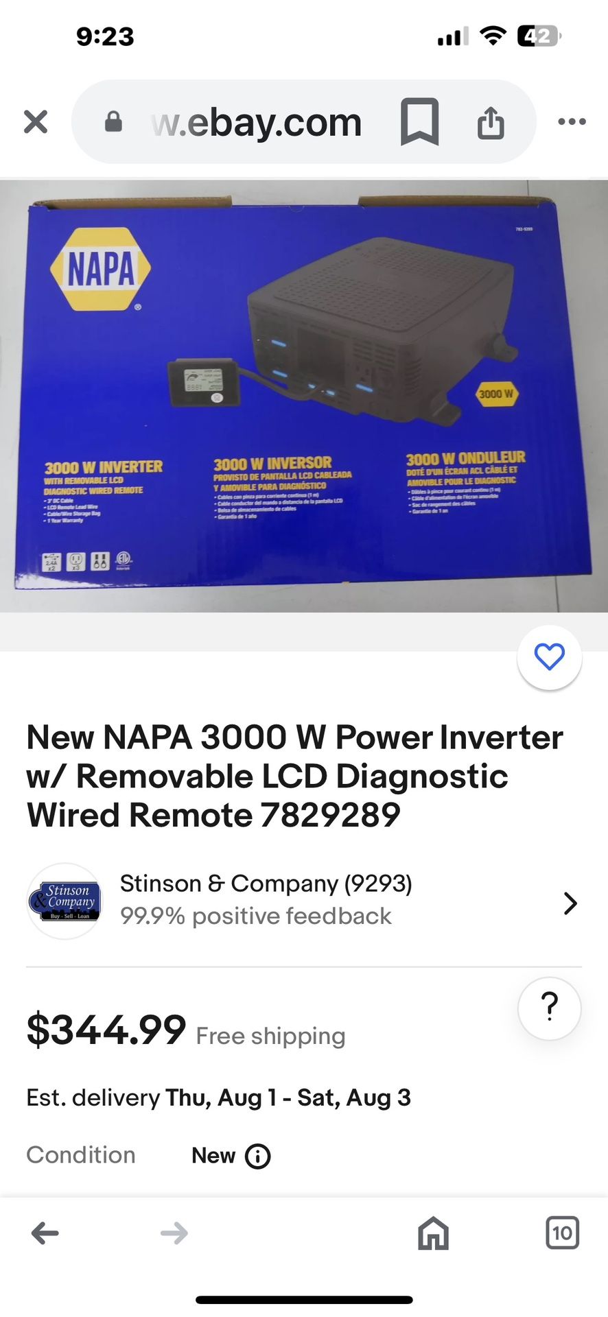 New NAPA 3000 W Power Inverter w/ Removable LCD Diagnostic Wired Remote