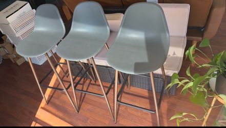 Set of 3 Modern Bar Stools – Gray/Green with Bronze Metal Legs
