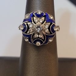 Vintage Blue Faux Sapphire 925 Silver Art Deco Ring - Size 6