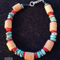 Unique Turquoise & Coral And Wooden Beaded Bracelet