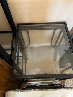 Glass table and tall glass shelves