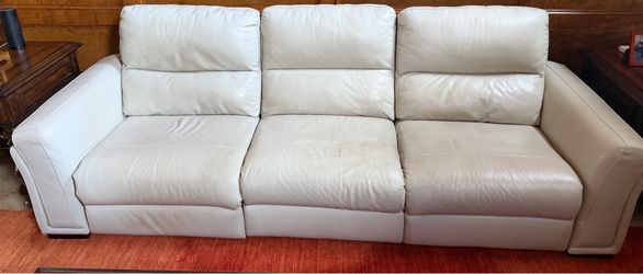 Dove white leather power reclining sofa and loveseat