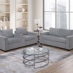 Light Grey Sofa Loveseat Set Corduroy Fabric USB Charging Port Center Console And Cup Holders Brand New In Box Firm Price $499