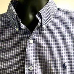 Size XL: Polo Ralph Lauren men's long-sleeve button-down shirt with a blue and white check pattern, a button-down collar, and the signature embroidere
