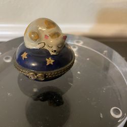 Vintage Cat Hinged Box. Porcelain/ Cobalt/ Golds 